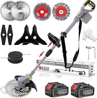 Cordless Grass Trimmer, Cordless Strimmer with 5 Types of Blades and 2 x 4.0Ah Battery, 21V Strimmer, Cutting width 25cm, for Lawn Garden Pruning (Gray)