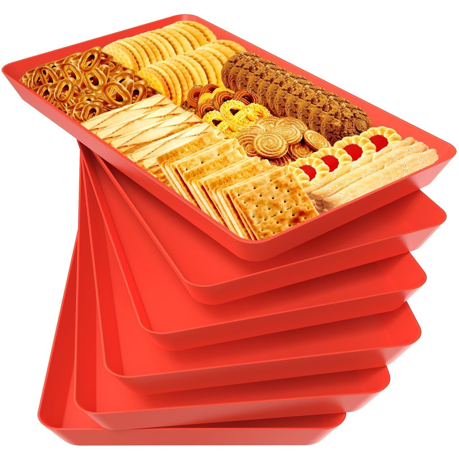 WOWBOX 6 pcs Serving Tray for Entertaining, Serving Platters for Snacks, Fruit, Cookies, Dessert, Reusable Plastic Trays for Serving Food and Pantry Organization in Kitchen & for Parties, (Red)