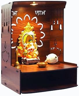Wall Mounted Wooden Pooja Mandir for Home & Office with LED Spot Light, Big Size Temple, Pooja Stand with Door, Devghar, God Shelf, Home Temple (Mandir Design 4)