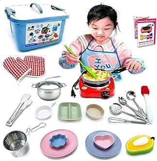 Kids Junior Tiny Real Easy Cooking Kitchen Set and Baking Kit - 22 Pc. Mini Stove Burner, Chef, Apron, Oven Mitt, Recipes - Easy Cook Real Food Utensils Gift for Boys and Girls Ages 6-12