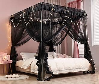 Mengersi Canopy Bed Curtains Bed Canopy Royal Luxurious Cozy Drapes Netting- Elegant Bed Sheer Bedroom Decoration Accessories for Adults,Black,California King