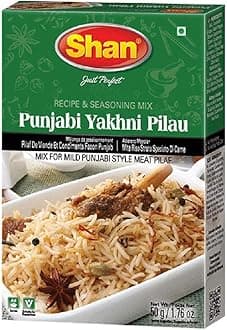 Shan Punjabi Yakhni Pilau Recipe and Seasoning Mix 1.76 oz (50g) - Spice Powder for Mild Punjabi Style Meat Pilaf - Suitable for Vegetarians - Airtight Bag in a Box (Pack of 24)