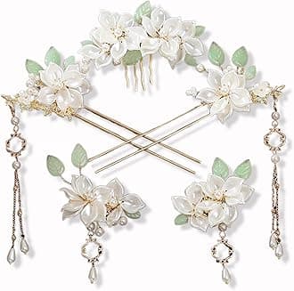 5 Pcs Camellia Flower Tassels Hairpin, Chinese Hair Pins Flower Pins for Hair, Chinese Hanfu Hairpin Crystal Rhinestone Pearl Clips Headpiece, Retro Hanfu Wedding Brides Accessories for Women Girls