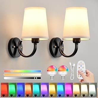 Battery Operated Wall Sconce Set of 2, Rechargeable Wall Lights with Remote, USB Charging, Wireless Sconce Wall Decor, RGB Color Dimmable Wall Lamp for Bedroom Living Room, Bulb Included, Black