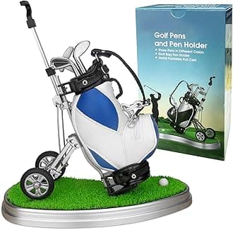 10L0L Golf Pen Holder 3 Club Pens & Movable Cart, Mini Golf Bag Desk Decor for Office, Funny Gifts for Men, Dad, Boss Stocking Stuffers for Golfers on Birthday, Christmas, Fathers Day (Blue)