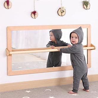 3-Position Montessori Shatterproof Safety Baby Mirror w/Pull Up Handrail, Infant Coordination Mirror Set, Kid's Classroom Furniture for Nursery, Daycare, Homeschool or Preschool (Natural Pura)