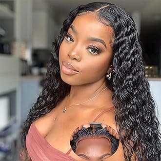 Glueless Wigs Human Hair Pre Plucked Pre Cut 5x5 Hd Lace Closure Deep Wave Curly Lace Front Wigs for Black Women Wear and Go Wet and Wavy Natural Hairline (natural black, 18 inch)