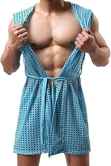 Men's Exotic Hollow Mesh Bathrobe Sexy Cardigan Shawl Top Fashionable Loungewear for Nights