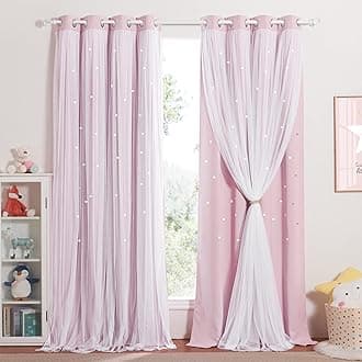 NICETOWN Pink Blackout Curtains - Girl's Bedroom Curtain Double Layer Perforated Stars Design with Voile Window Decor for Children, W132 x H213 cm, Light Pink, 2 Pieces
