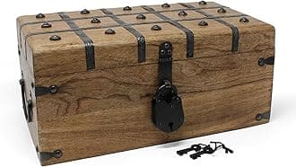 Treasure Chest Wooden Box with Antique Iron Lock and Skeleton Key (Large 14.5x8x6.75) - Storage and Decor – Pirate Wooden Treasure Chest, Decorative Box with Hinged Lid,