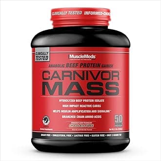 CARNIVOR Mass Gainer Beef Protein Isolate Shake, 50 Grams Protein, 125 Grams Carbs, 0 Fat, 0 Sugar, Lactose Free, Chocolate Fudge, 5 Pound