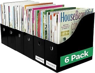 Evelots Magazine File Holder - Set of 6 Black - Office Desk Organizer - Sturdy Cardboard - New Upgraded Double Front Panel for More Stability - Full 4 Inch Wide - Easy Assemble