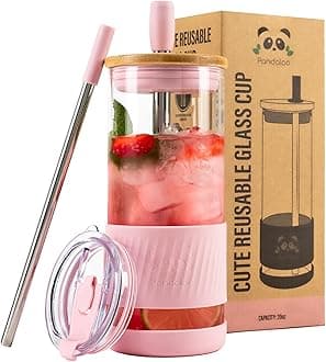 Pandaloo® Glass Cups With Lids and Straws -20 Fl Oz- Perfect Size Iced Coffee Cup - Smoothie Cup With Bamboo Lid and On the go Lid - Glass Tumbler With Straw (1 Count (Pack of 1), Tender Pink)
