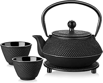 Velaze Iron Teapot set, Traditional Japanese Tetsubin Tea Kettle Cast Iron Teapot with Stainless Steel Infuser, Antique Small Dot Design, 2 Iron Cups and Trivet Stand Tray, 700ML/ 24OZ