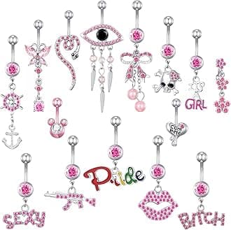 15PCS 14G Stainless Steel Belly Button Rings for Women with AAA Cubic Zirconia