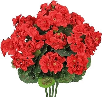 Artificial Geranium Flowers for Outdoors, 4 Pack Red Geraniums Silk Flowers UV Resistant No Fade Faux Flowers Geraniums Bush for Spring Home Outdoor Garden Porch Window Vase Wedding Decor