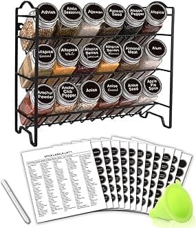 Spice Rack Organizer with 18 Empty Square Spice Jars, 396 Spice Labels with Chalk Marker and Funnel Complete Set, Spice Organizer for Countertop, Cabinet or Wall Mount, Black