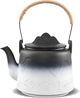 ZENS Vintage Japanese Teapot, 33.8 oz Gradient Embossed Ceramic Loose Leaf Tea Pot with Built-in Filter for Tea Steeper, Hemp Rope Handle Japanese Teapot for Tea Lovers Gifts, Black & White