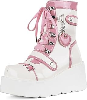 Pink Platform Ankle boots for Women Goth Rave Boots Kawaii Shoes High Heel Round Toe Zipper Wedges Mid Calf Booties