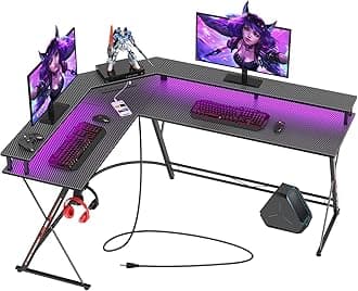 SEVEN WARRIORL Shaped Gaming Desk with LED Lights & Power Outlets, 58” Computer Desk with Monitor Stand, Corner Desk with Carbon Fiber Surface, Gaming Table with Hooks, BlackBIFMA LEVELBIFMA LEVELBIFMA LEVEL