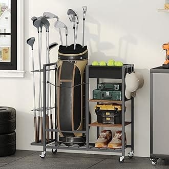 Golf Storage Organizer for Garage, Golf Bag Stand for Single Golf Bag and Equipment Accessories, Freestanding Golf Club Holder for Garage, Shed, Home, Basement
