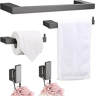Hoomtaook Bathroom Hardware Set, Grey Aluminium 5-Piece Kit: Towel Rail, Toilet Paper Holder, Wall Hooks