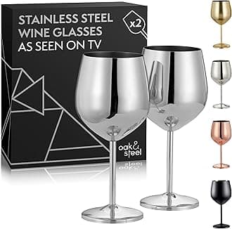 Oak & Steel - 2 Silver Stainless Steel Wine Glasses (18 Oz) Unbreakable Metal Wine Glasses, Wine Goblets with Gift Box for House Warming, Valentines, Anniversary