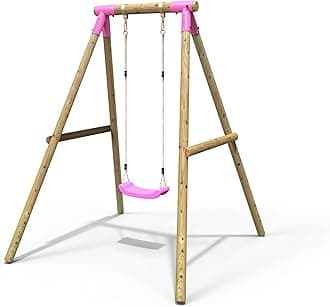 – Rebo® Children's Wooden Garden Swing Set - Solar Pink | OutdoorToys | Pressure Treated Timber, Soft Feel Ropes, Pink Swing Seat, Sturdy Construction for Kids