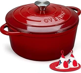 28cm/6.6L Enamelled Cast Iron Round Casserole Pot With Lid Cookbook & Cotton Potholders - Non-stick Dutch Oven Cookware for Braising, Stews, Roasting, Bread Baking - Cherry red, 7QT