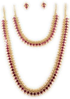 Copper Gold Plated and Stone Haram Set Long Necklace Haram Set for Women & Girls (Yellow)