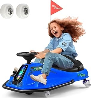 360 Degrees Rotating Ride On Drift Car, 24V Electric Drifting Go Kart for Kids W/24V Brushless Motor，Replacement Wheels, 3-7.5mph Speed, Flashing Lights, Flag, Music,Bluetooth,Blue