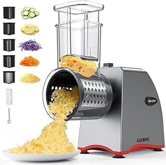 Electric Cheese Grater, Salad Maker with 5 Replaceable Multi-use Blades, 250W Electric Cheese Shredder, One-Touch Kitchen Slicer Salad Machine for Vegetables, Fruits, Cheeses, Nuts