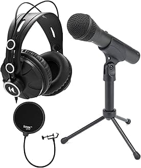 - Q2U Black Handheld Dynamic USB Microphone Bundle with Pop Filter and Closed Back Over-Ear Headphones (3 Items)
