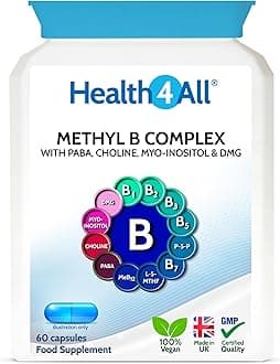 Health4All Methyl B Complex 60 Capsules (V) (not Tablets) with Methylcobalamin, Methyl Folate, P5P, Choline, Myo-Inositol, DMG and PABA for Stress Support, Energy and methylation. Made in UK