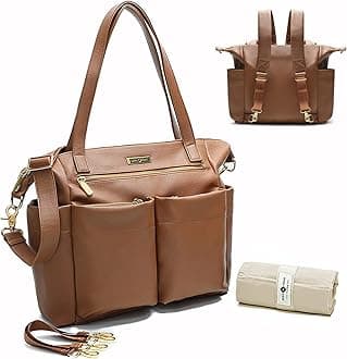 Baby Changing Bag Rucksack by Miss Fong, Diaper Bag Backpack Diaper Bag Tote Bag Leather Handbags for Women with Changing Mat Insulation Pocket and Pram Hook(Brown)