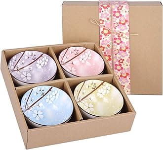 Set of 4 Japanese Style Ceramic Rice Bowl with Gift Box,Assorted Phum Colors Flowers Pattern Bowls Set,Underglazed Dinnerware,For Dessert Snack Cereal Soup