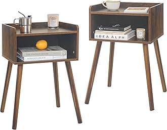 Night Stand Set 2, Mid Century Modern Side Table Bedroom with Storage, Small End Bedside Table Set of 2 with Solid Wood Legs for Living Room, Office Small Spaces (Rustic Brown)