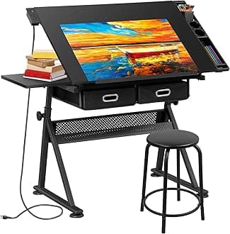 SUPER DEAL Adjustable Drafting Table Set with Charging Station, Art Table for Adults, Artist Table with Stool Multifunctional Craft Workstation with 2 Storage Drawers for Home Office School