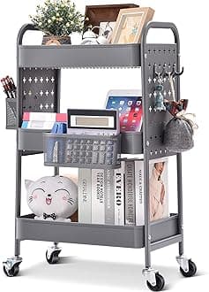 TOOLF 3-Tier Storage Cart, Utility Rolling Cart with DIY Dual Pegboards, Art Craft Trolley with Removable Baskets Hooks, Organizer Serving Cart Easy Assemble for Office, Home, Kitchen, Hospital,Grey