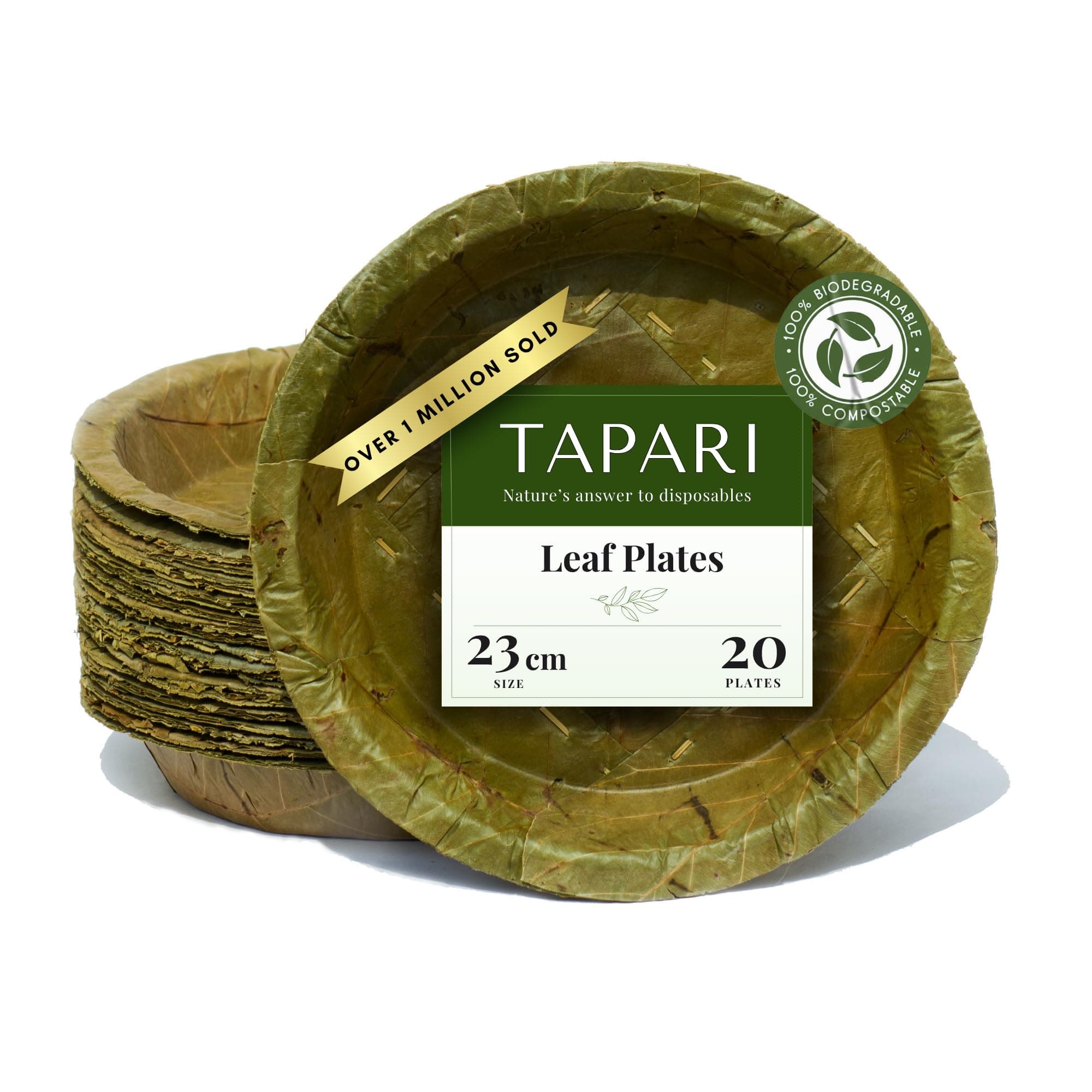 TAPARI Large Disposable Leaf Plates - 20 Pack - 23cm Diameter - 800ml - Natural & Eco-Friendly - 100% Compostable & Biodegradable - for Hot & Cold Food - Sal Leaf