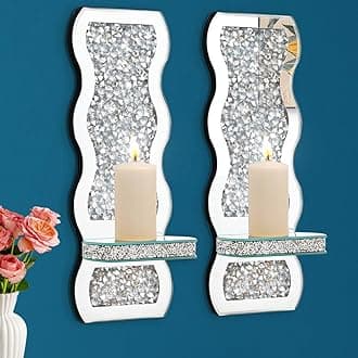 Crystal Crush Diamond Mirrored Candle Sconces, Silver Wall Candle Holder Set of 2, Wall Decorations for Living Room，Dining Room (Wave)
