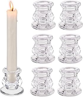 REVHQ 6pcs Glass Candle Holder Taper Glass Candlestick Holders 2.2 inch Tealight Candle Holder Clear Glass Candleholder for Table Centerpieces, Wedding Decor and Dinner Party