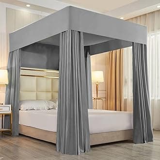 Solid Four Corner Post Canopy Bed Curtains Sheer Cover Mosquito Net for Boys Kids Adults Bedroom Decoration (Queen, Gray)