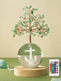 Chakra Tree of Life Gift, Green Aventurine LED Light Glass Globe with Cross & Hands Design, Spiritual Healing Lamp,Christian Gift, Father's Day Gift Religious Gifts for Women Men