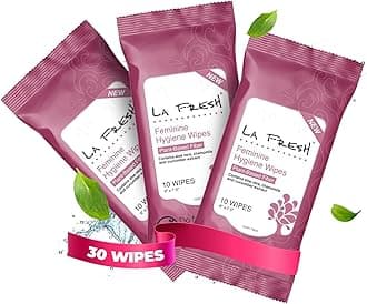 LA Fresh Feminine Hygiene Wipes with Aloe Vera Chamomile, Cucumber and Vitamin E for Refreshing - Travel Size Wipes for Women Gift Set - 3 Pack, 30 Count