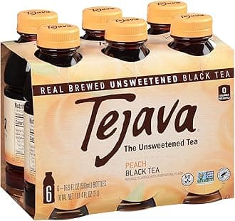 Tejava Peach Black Tea, 6 Pack 16.9 oz PET, Unsweetened, Ready-to-Drink Premium Iced Tea