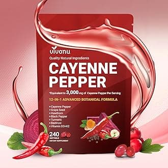 Cayenne Pepper Softgels Supplement, Supports Leg Vein, Heart and Blood Vessel Health, with Vitamin E D3+K2 and Extracts of Grape Seed, Hawthorn, Beetroot, Berberine and Others (240 Softgels/1 Bag)