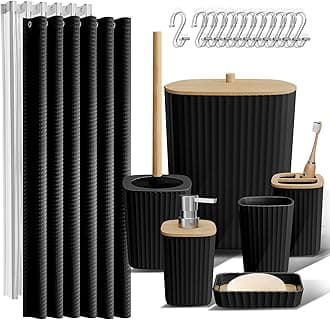 Clara Clark Bathroom Accessories Set - Bathroom Set, 20PC Bathroom Accessory Set, Black Shower Curtain Set, Toilet Brush, Trash Can & Soap Dispenser
