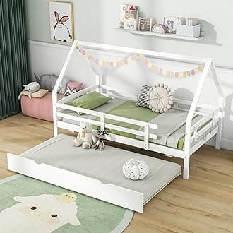 KOMFOTT Twin Size House Bed with Trundle, Wood Bed Frame with Safety Rails & Roof, House Platform Bed Frame for Kids, Teens, No Box Spring Needed Montessori Bed for Playroom (White)