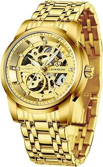 A ALPS Mens Watch Skeleton Luxury Mechanical Stainless Steel Waterproof Black Automatic Self-Winding Roman Numerals Diamond Dial Wrist Watch